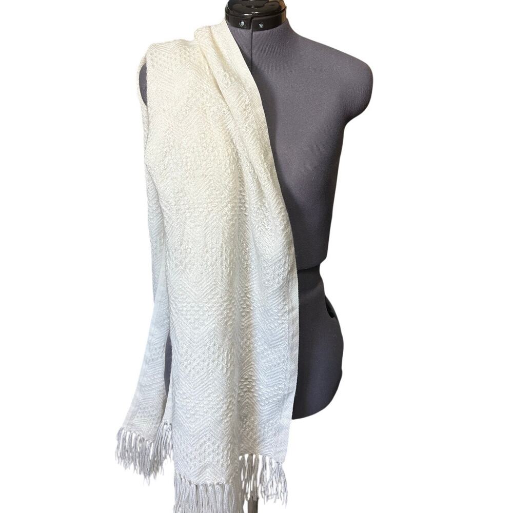 Peruvian Alpaca Blend Wrap Shawl Ivory Fringe Scarf Textured Boho  61" x 21"